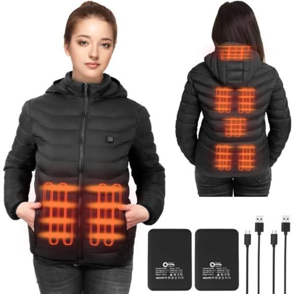 Heated Jacket for Women with 2pack 10000mAh Battery Pack, 3 Levels Water/Wind